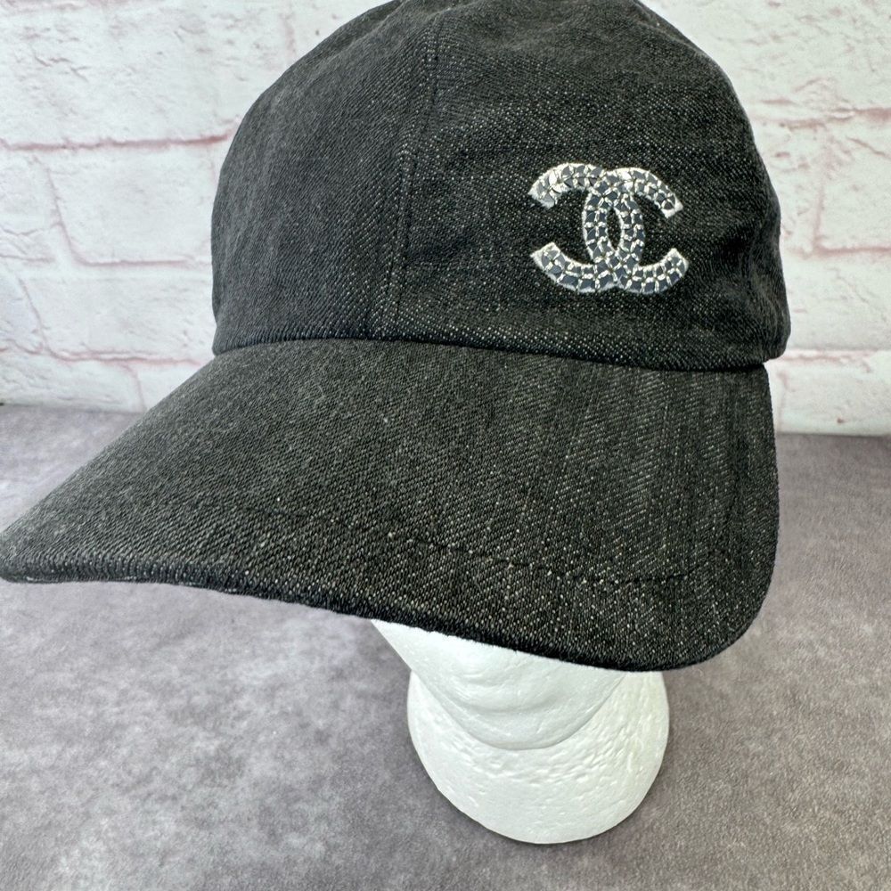 Chanel 22P Black Denim Sequin CC White Logo Baseball Cap Curved Peak Hat - Picture 5 of 13